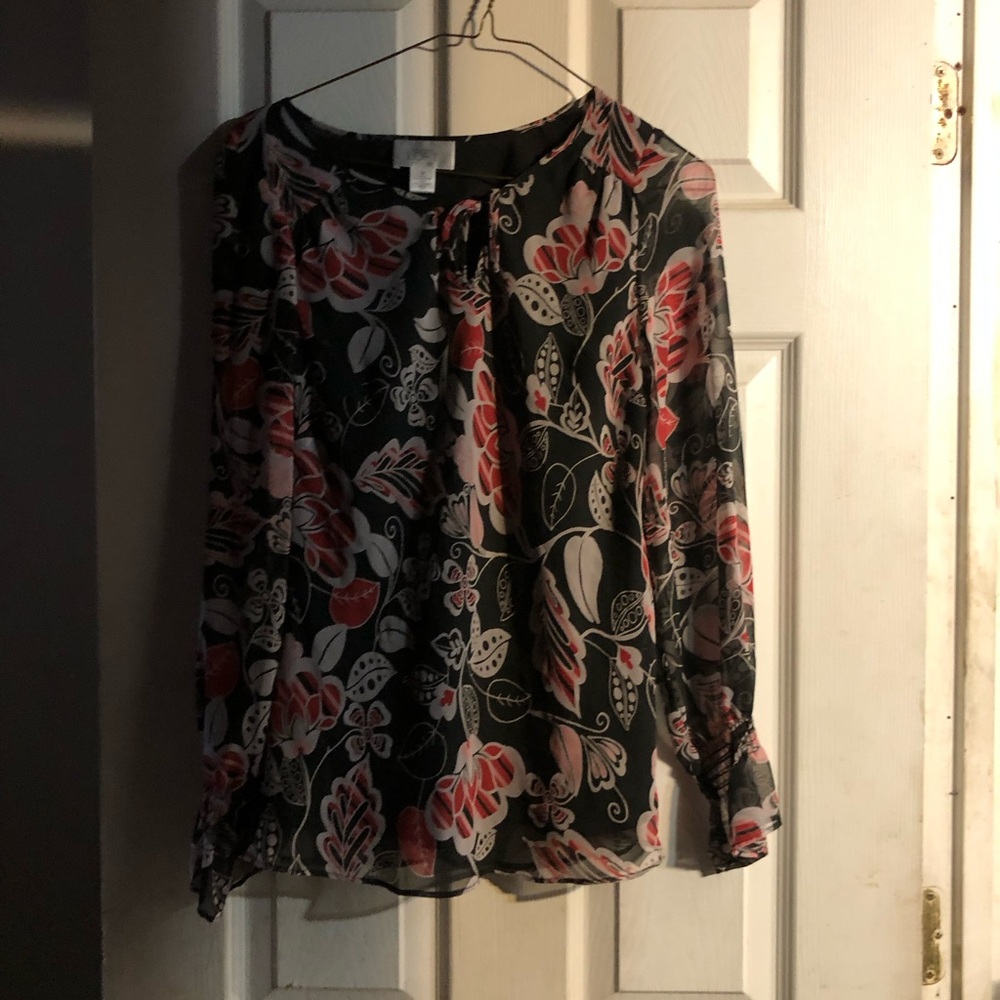 LOFT Black Floral Long-Sleeve Sheer Blouse with Pink and Red Accents